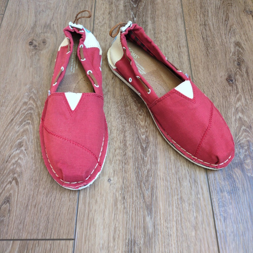 TOMS Canvas Boat Shoes Red Cream Plaid Lining Slip On Flats Adjustable Heel